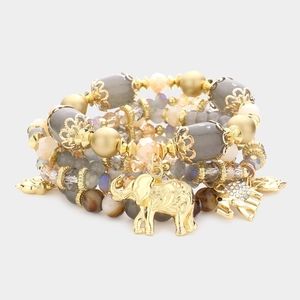 Gray Beaded 5 PC Elephant Charm Stack Stretch Layered Bracelets Strand